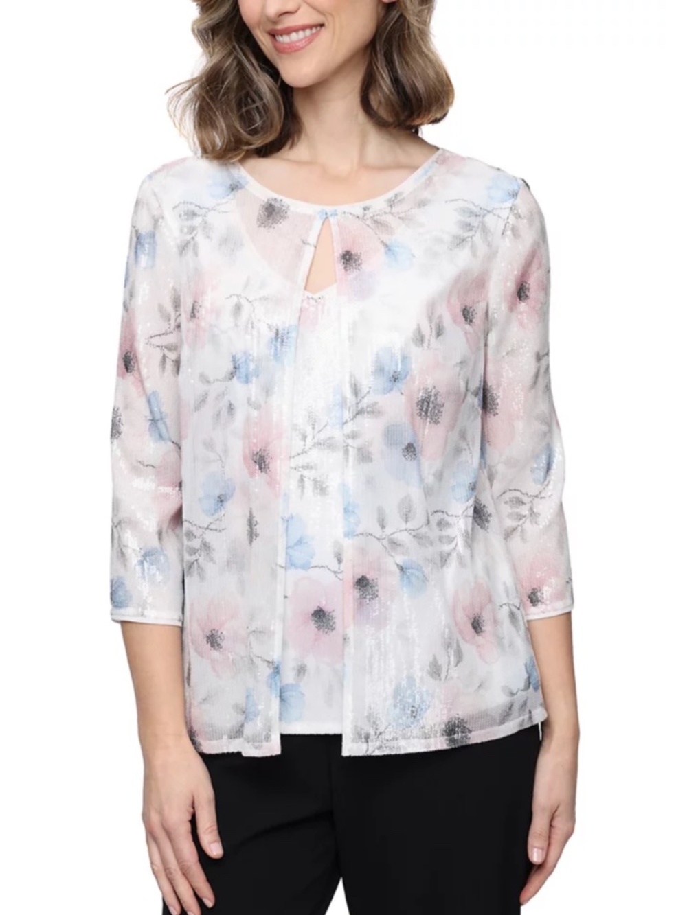 Alex Evenings Sequin Printed 3/4 Sleeve Mock Twinset Blouse Size XL
